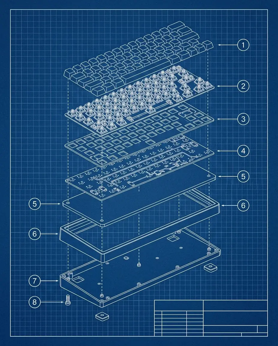A white-on-blue blueprint of a compact mechanical keyboard pulled apart into floating layers: keycaps, switches, plate, circuit board, foam, case and screws, with dashed guide lines, numbered circle callouts and an empty title block