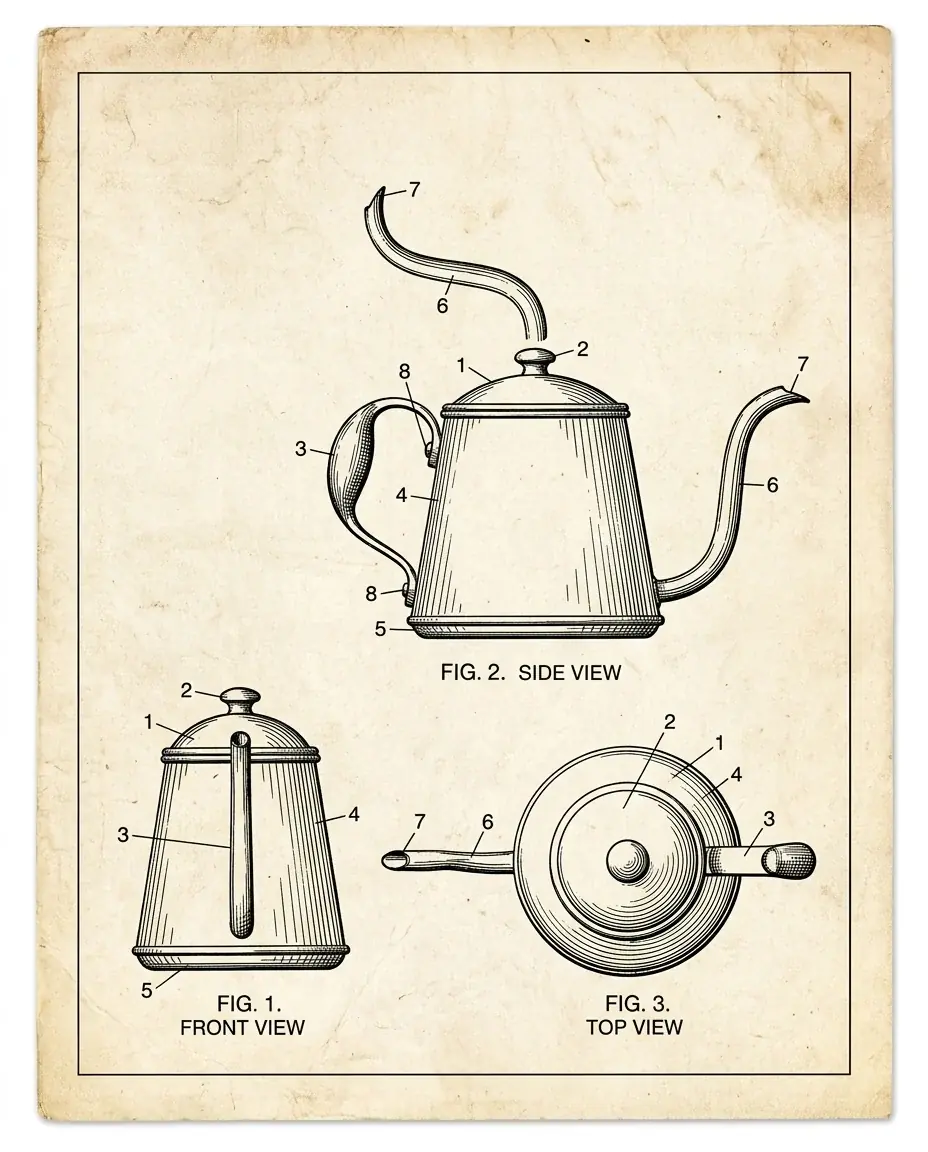 An aged patent sheet with three ink drawings of a gooseneck kettle, a side view, a front view and a top view, each hatched and marked with numbered reference lines and a figure label