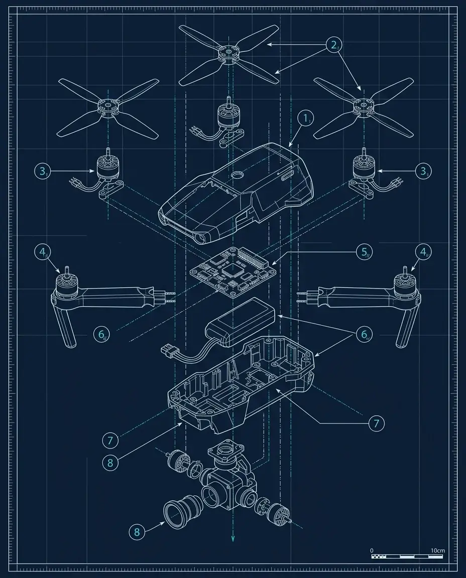 A cyan and white exploded blueprint of a quadcopter drone on navy: propellers, motors, arms, shell, flight board, battery, frame and camera gimbal pulled apart along dashed lines, with numbered callouts and a scale bar