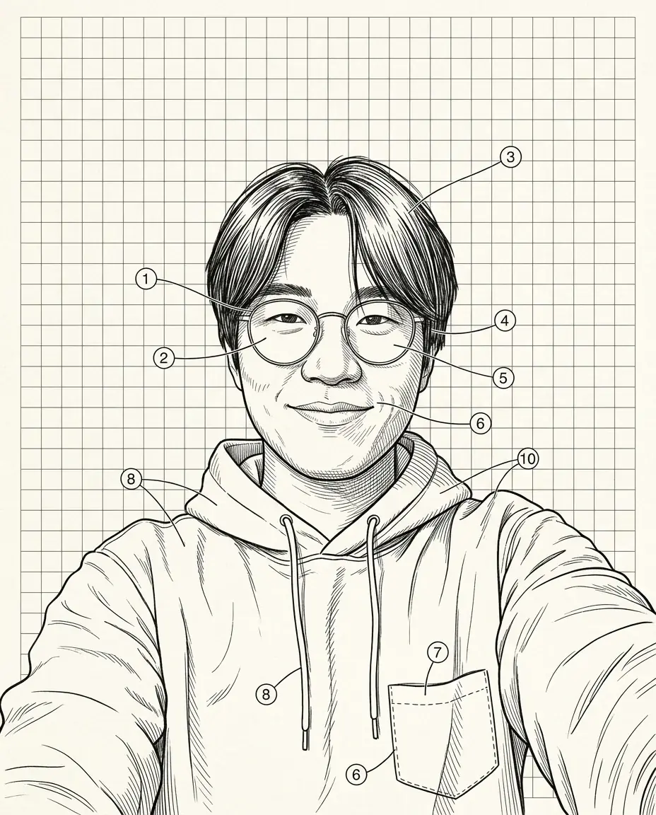 A young man in round glasses and a hoodie as a patent-style ink drawing with fine hatching and numbered callouts, on a grid sheet