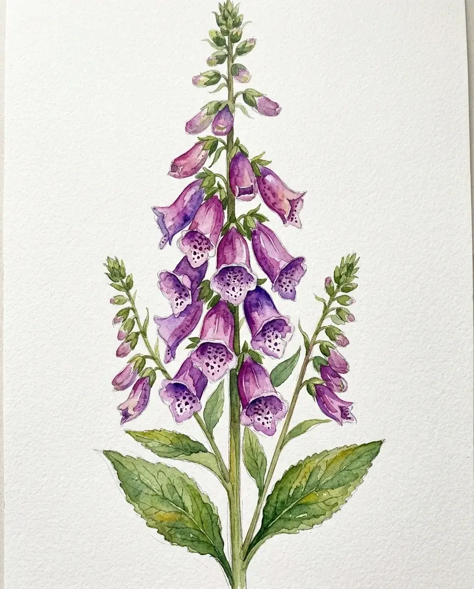 A botanical watercolor of a foxglove with spotted purple bell flowers, two side spikes and broad green leaves, pencil lines showing, on white textured paper