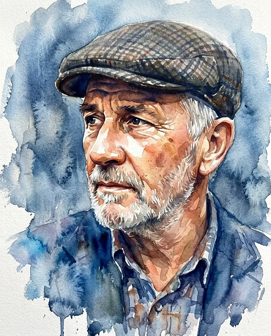 A loose watercolor portrait of an older man in a plaid flat cap with a short grey beard looking off to the side, warm washes on his skin against a blue background that runs into his shoulder