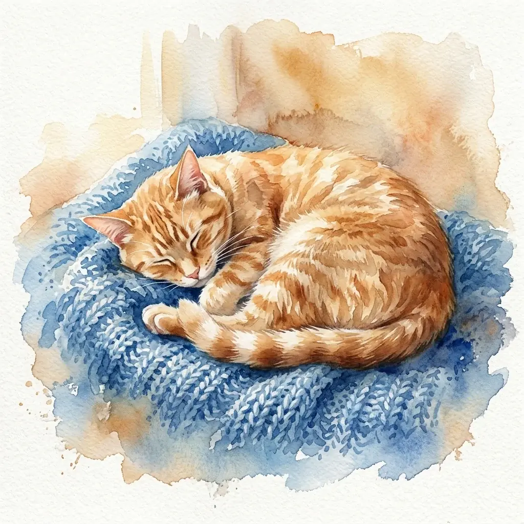A watercolor of a ginger tabby cat asleep, curled on a blue knitted blanket, a warm ochre wash behind it fading to bare paper at the edges