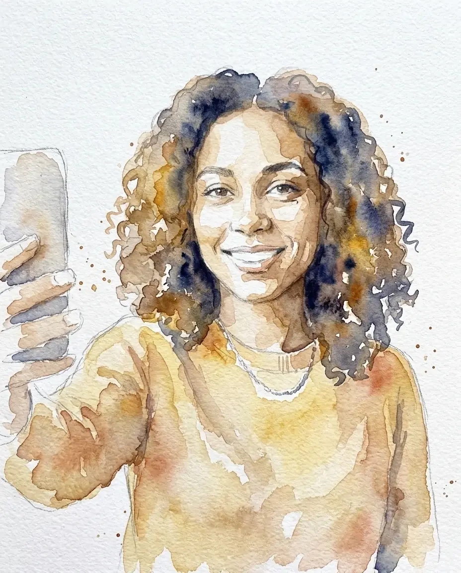A watercolor portrait of a woman with curly hair in a mustard sweater holding up her phone, loose washes and pencil lines on textured white paper