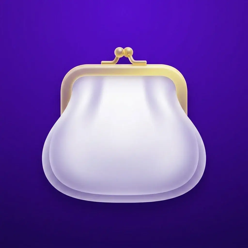 The Kitty budgeting app icon: a plump white frosted coin purse with a gold kiss-lock clasp, on a deep violet gradient that fills the square