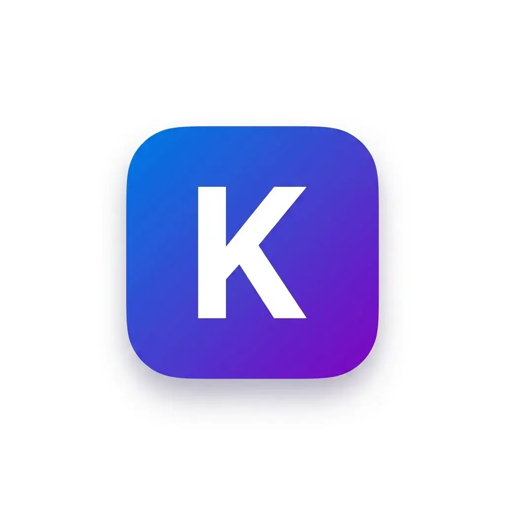 A placeholder app icon: a white letter K on a blue to purple gradient tile with rounded corners and a soft shadow, on white