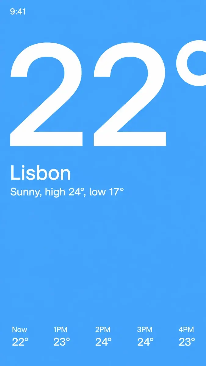 The Morrow home screen on one sky blue field: a huge white 22° with its degree sign cut off by the right edge, Lisbon and Sunny, high 24°, low 17° under it, and five hourly temperatures along the bottom