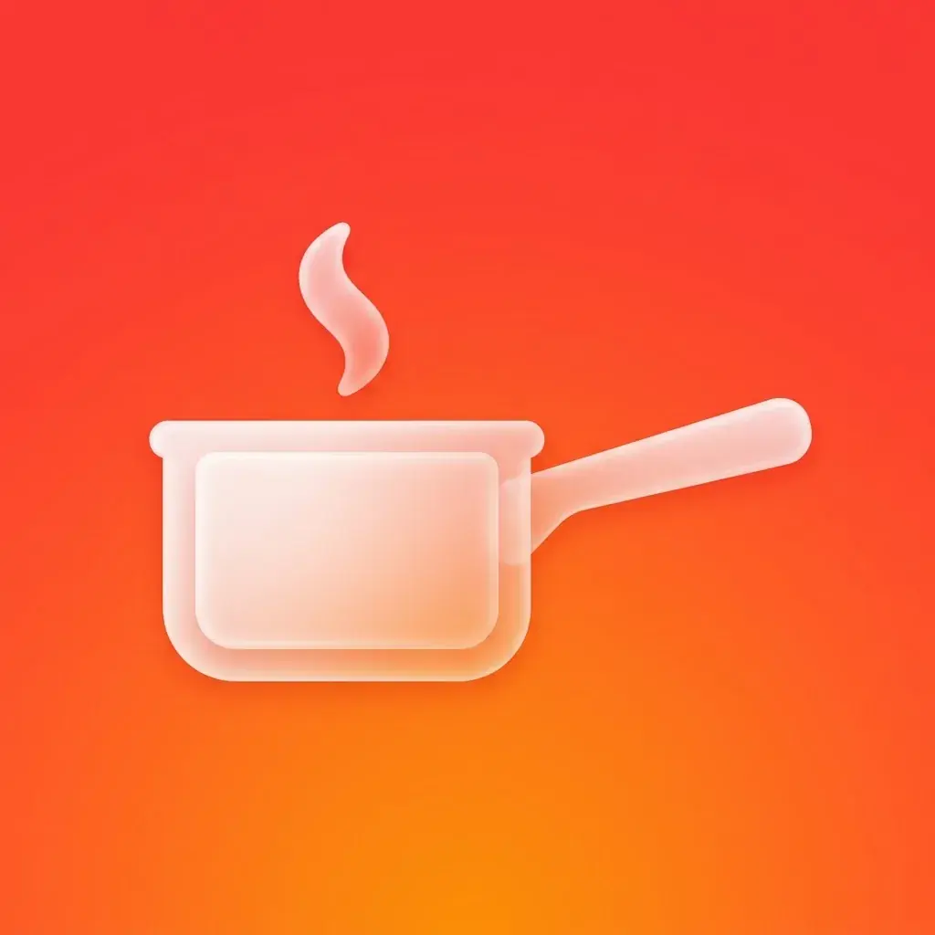 The Saucepan recipe app icon: a white frosted glass saucepan in profile with a long handle and one curl of steam, on a tomato red to orange gradient that fills the square