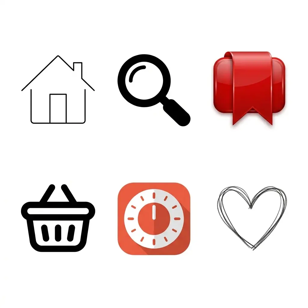 Six UI icons from mismatched packs on white: a thin outline house, a solid black magnifying glass, a glossy red 3D bookmark, a thick outline basket, a flat red kitchen timer tile and a scribbled heart