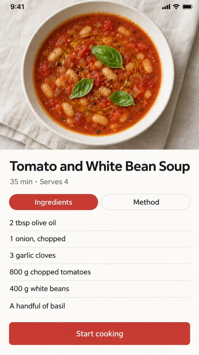 A Saucepan recipe screen: an overhead photo of tomato and white bean soup with basil, the title Tomato and White Bean Soup, Ingredients and Method tabs, six ingredients and a red Start cooking button
