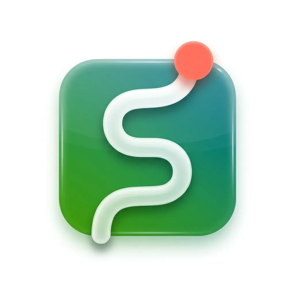 The Towpath icon drawn the wrong way: a rounded green tile floating on white, the coral end dot of its route line breaking past the tile's top edge
