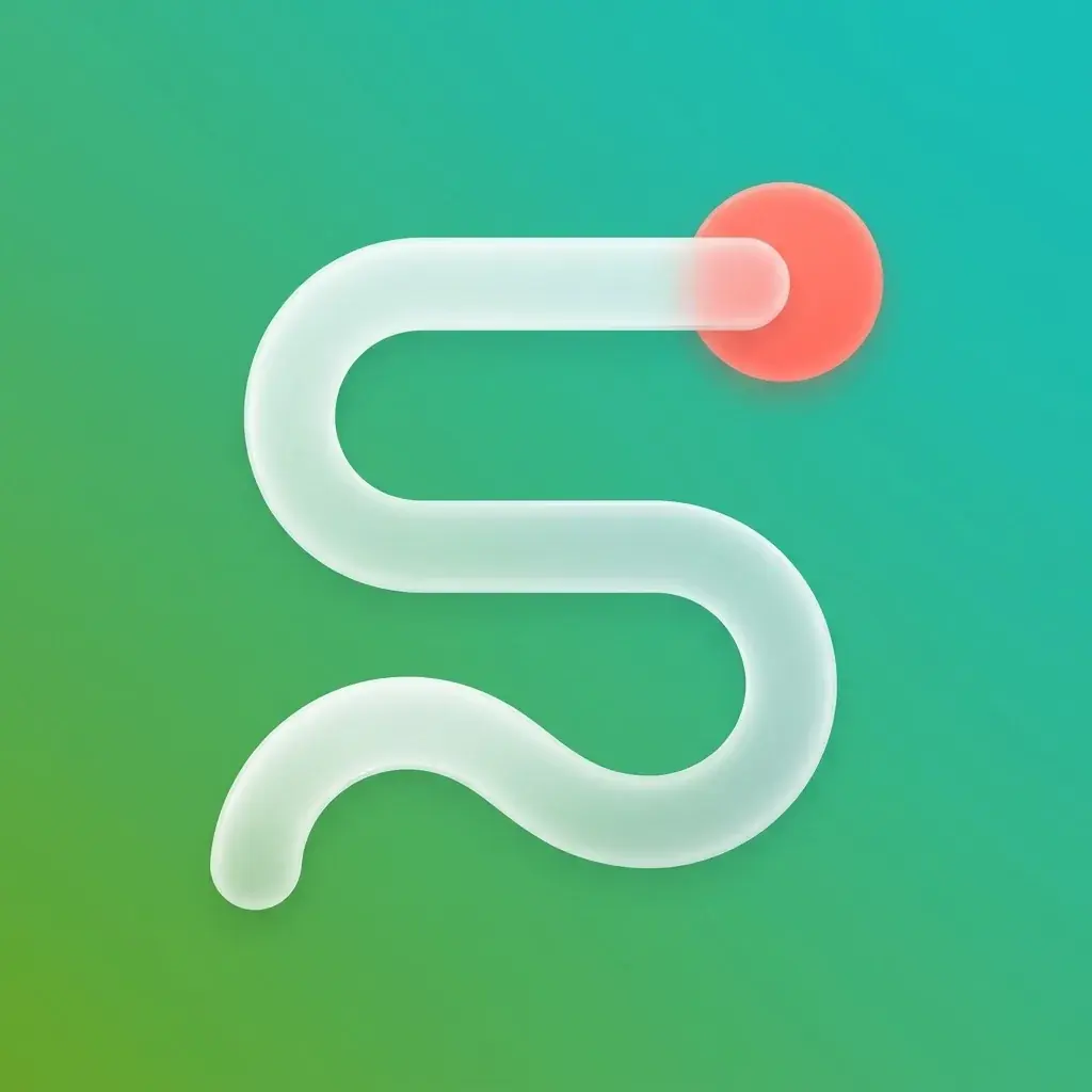 The Towpath running app icon: a thick white frosted route line winding up like an S to a coral dot, on a green to teal gradient that fills the square