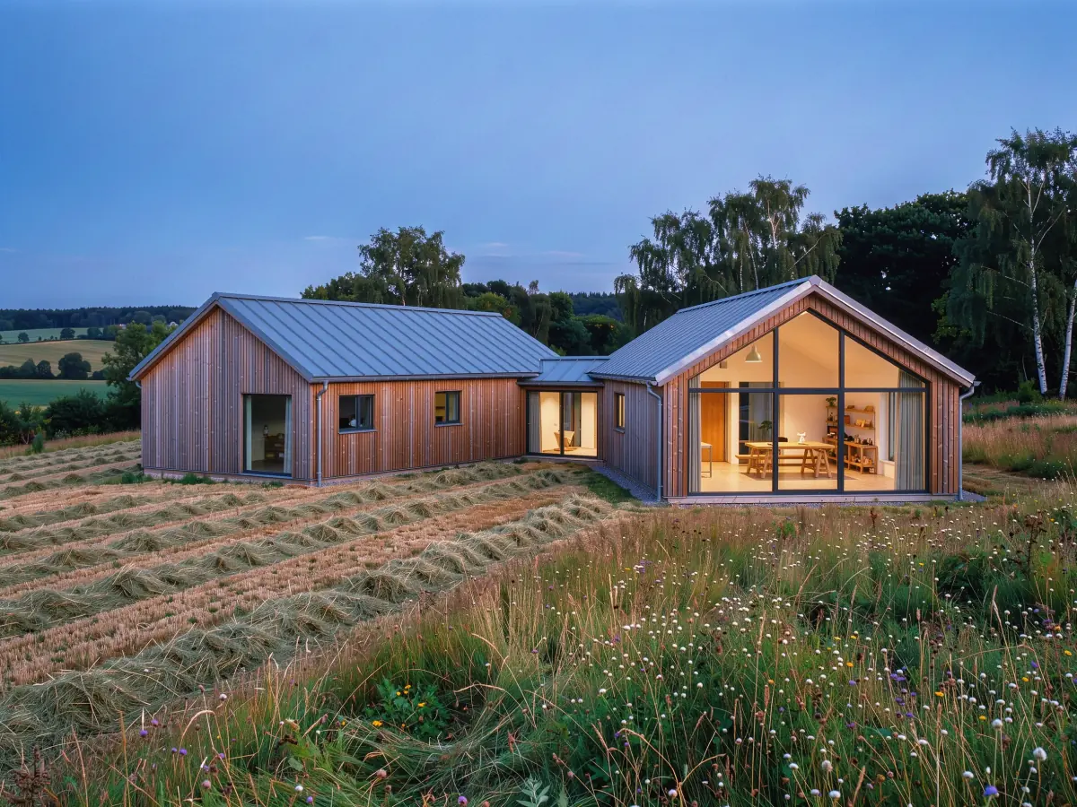 A larch house and studio at dusk beside mown hay rows and wildflowers, the studio's glazed gable lit bright, made on Flux 3 Image