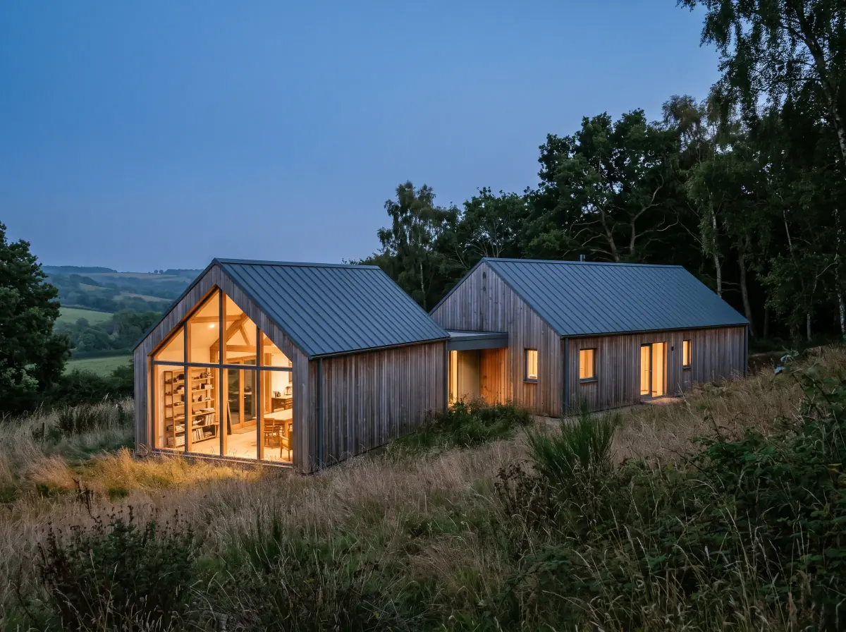 A generated photo at dusk of a timber house and studio in long meadow grass, the studio's glazed gable lit warm with bookshelves inside, under a deep blue sky