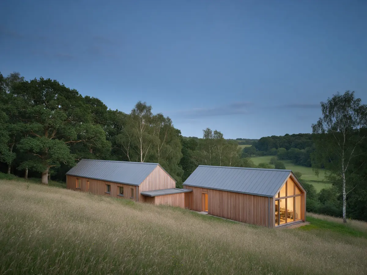 Two larch volumes on a grassy slope below oaks and birches at dusk, one glazed gable lit warm, made on Seedream 5 Pro