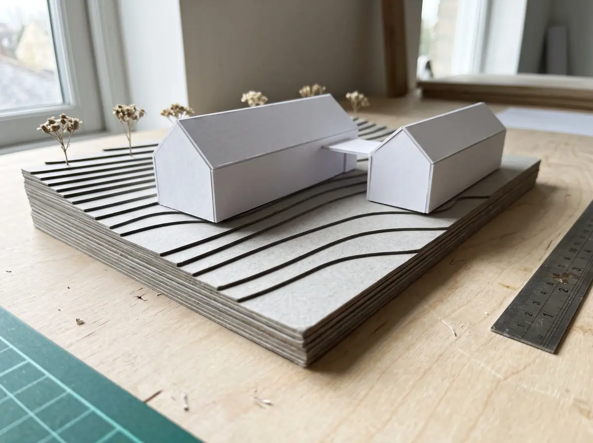 A generated phone photo of a white card massing model on a birch desk: two long gabled volumes joined by a thin flat link on a grey-board contour base, small dried-flower trees along the back, a steel ruler and a green cutting mat at the edges