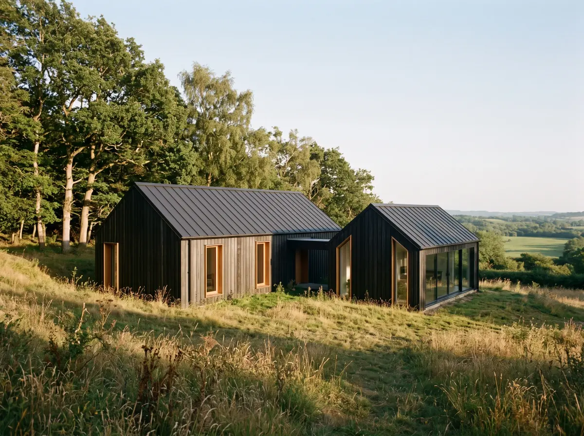 The massing model rendered by AI in charred black timber boards with black zinc roofs and warm oak window reveals, the house and studio in a sunlit meadow below oaks and birches