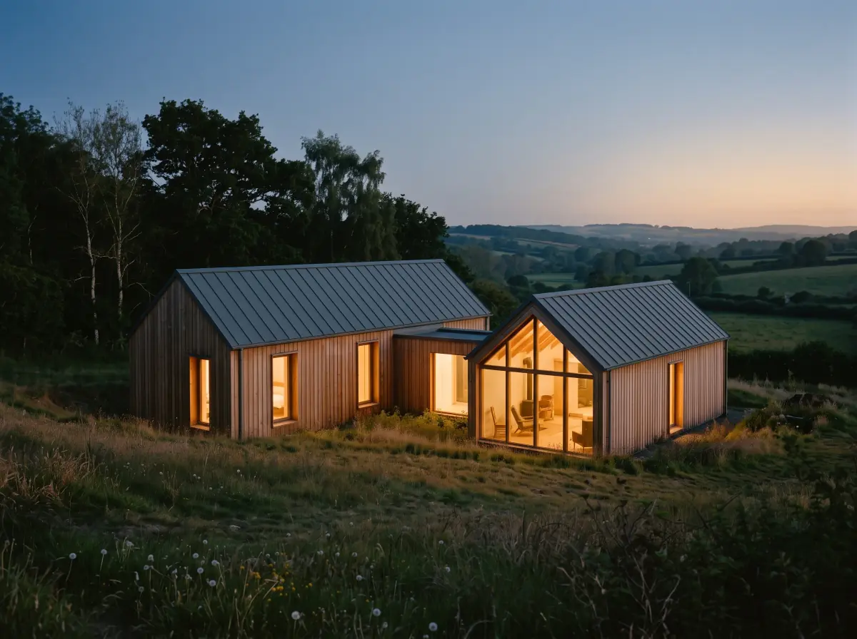 The larch render turned to dusk by AI: amber light in every window and filling the studio's glazed gable under a deep blue sky, the last glow over the valley