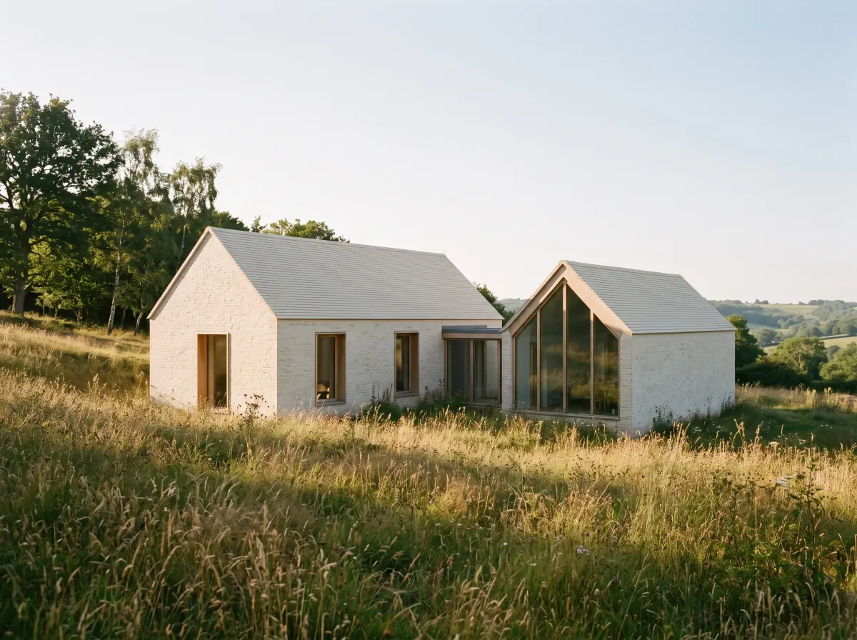 The massing model rendered by AI in pale lime-washed brick with matching pale clay tile roofs, each volume one soft white form in tall meadow grass, the studio gable fully glazed