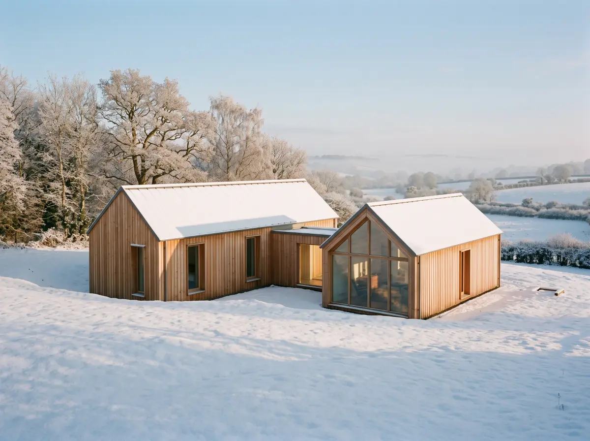 The larch render turned to winter by AI: fresh snow on the roofs and the meadow, frost on the oaks and birches and a pale blue sky, the house and studio unchanged