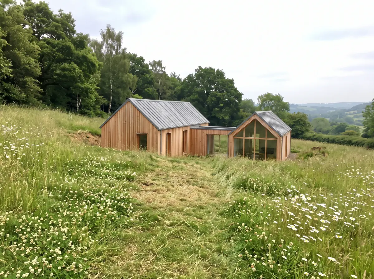 The empty meadow with the larch house and glazed-gable studio built into the slope by AI where the pegs stood, the mown path, the wood and the valley unchanged under the same overcast sky