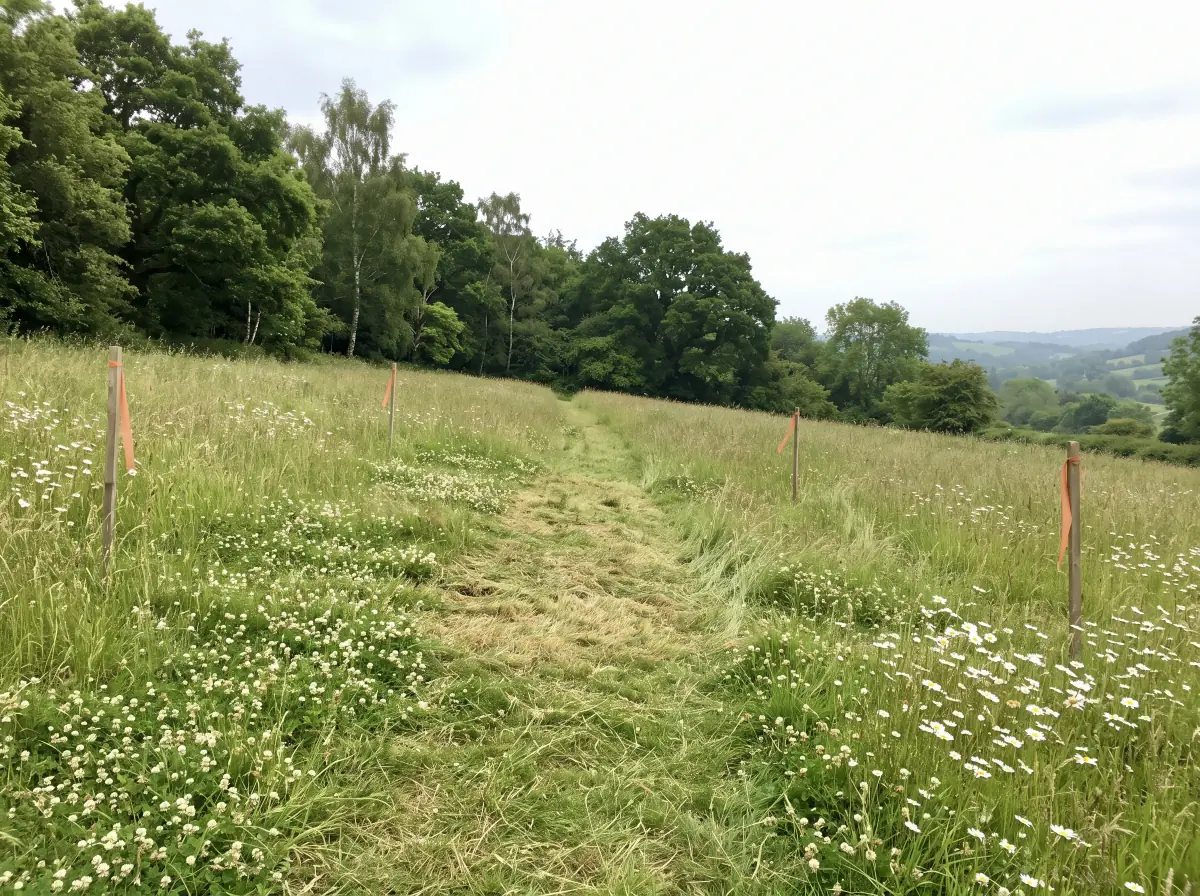 A generated phone photo of an empty hay meadow on a slope: a mown path up the middle, four thin pegs with orange tape in the long grass and clover, an oak and birch wood behind and a green valley on the right under an overcast sky