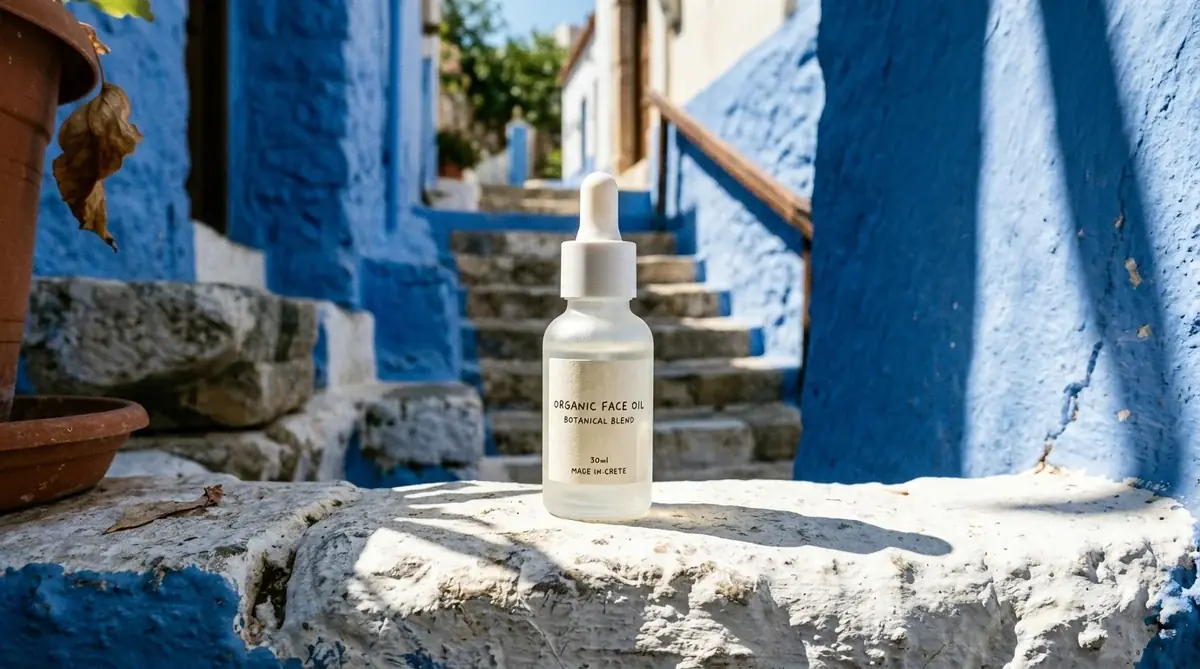 A frosted glass dropper bottle with a white cap and a paper label on a whitewashed ledge in a blue stairway alley, hard sun casting a long shadow to the right