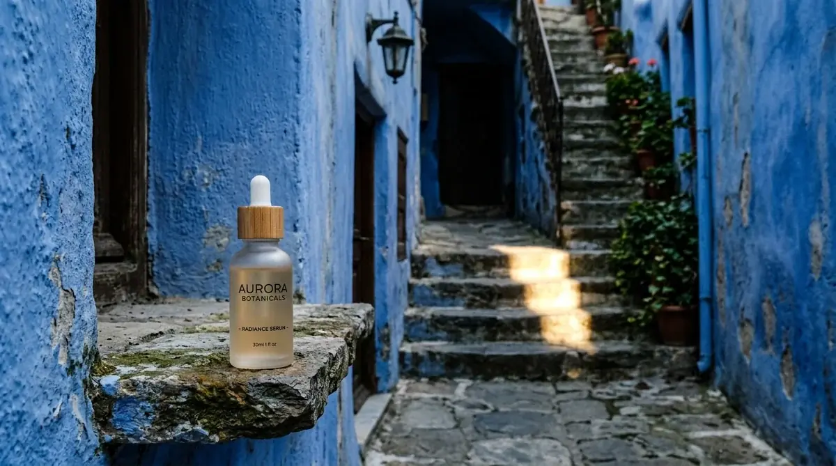 A frosted glass serum bottle with a wooden cap on a stone ledge in a shaded blue alley, a strip of sun across the steps behind