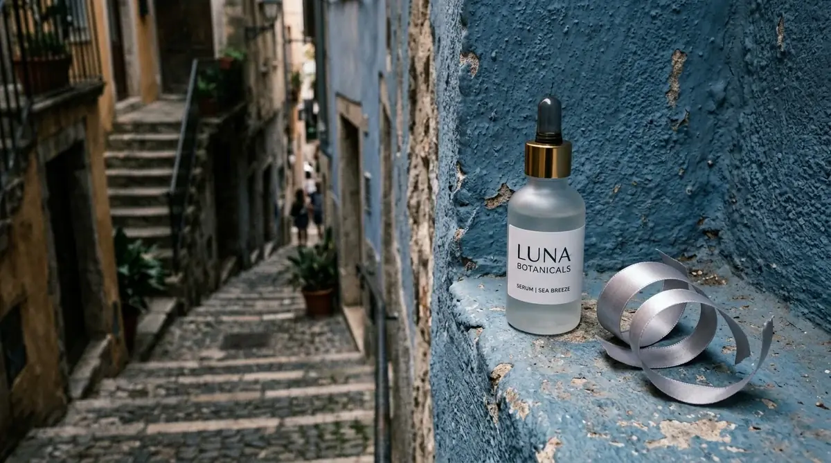 A frosted glass serum bottle and a curl of silver ribbon on a rough blue wall ledge, a stepped alley out of focus on the left