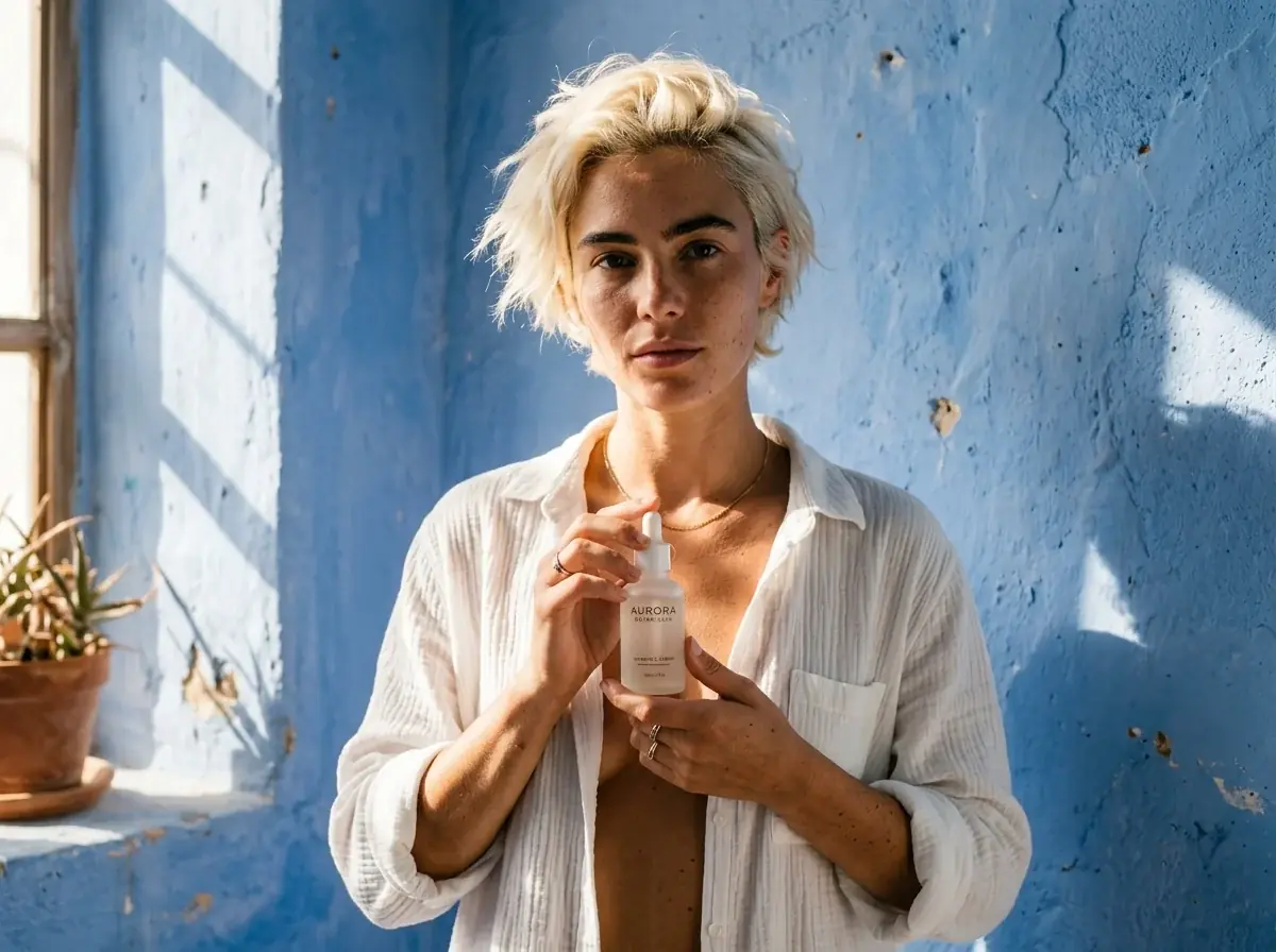 A model with short bleached hair in an open white cotton shirt holds a frosted serum bottle at her chest against a sunlit blue plaster wall