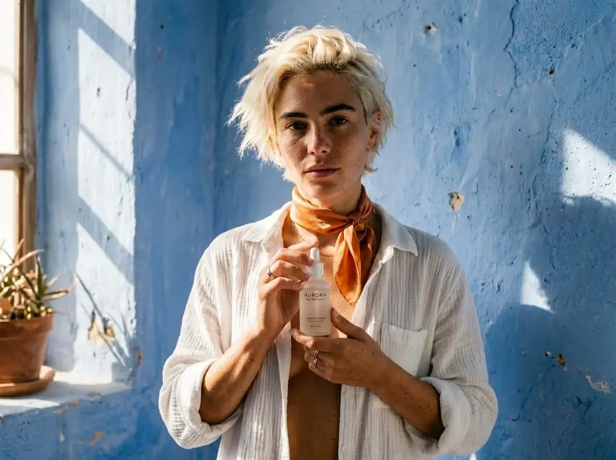 A model with short bleached hair, now with an orange silk scarf at her neck, holds the frosted serum bottle against the sunlit blue wall