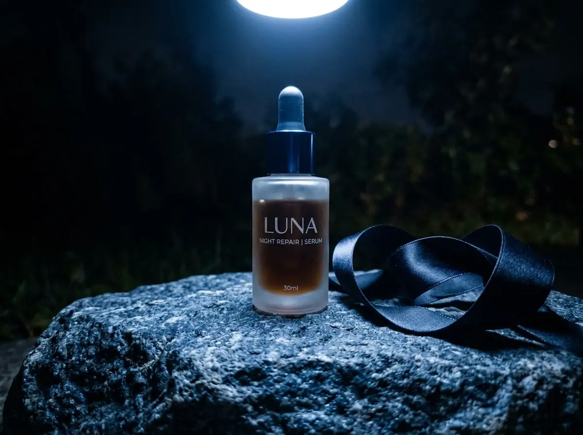A frosted serum bottle on rough stone at night under a cold spotlight, a dark satin ribbon curled beside it