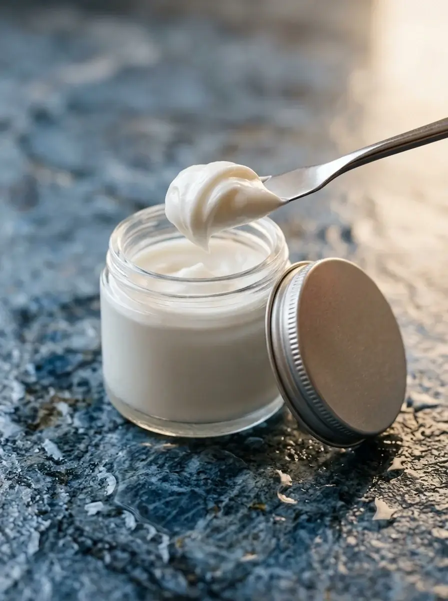 The jar open on wet blue stone, its silver lid leaning against it, a swirl of white cream lifted above on a small spatula