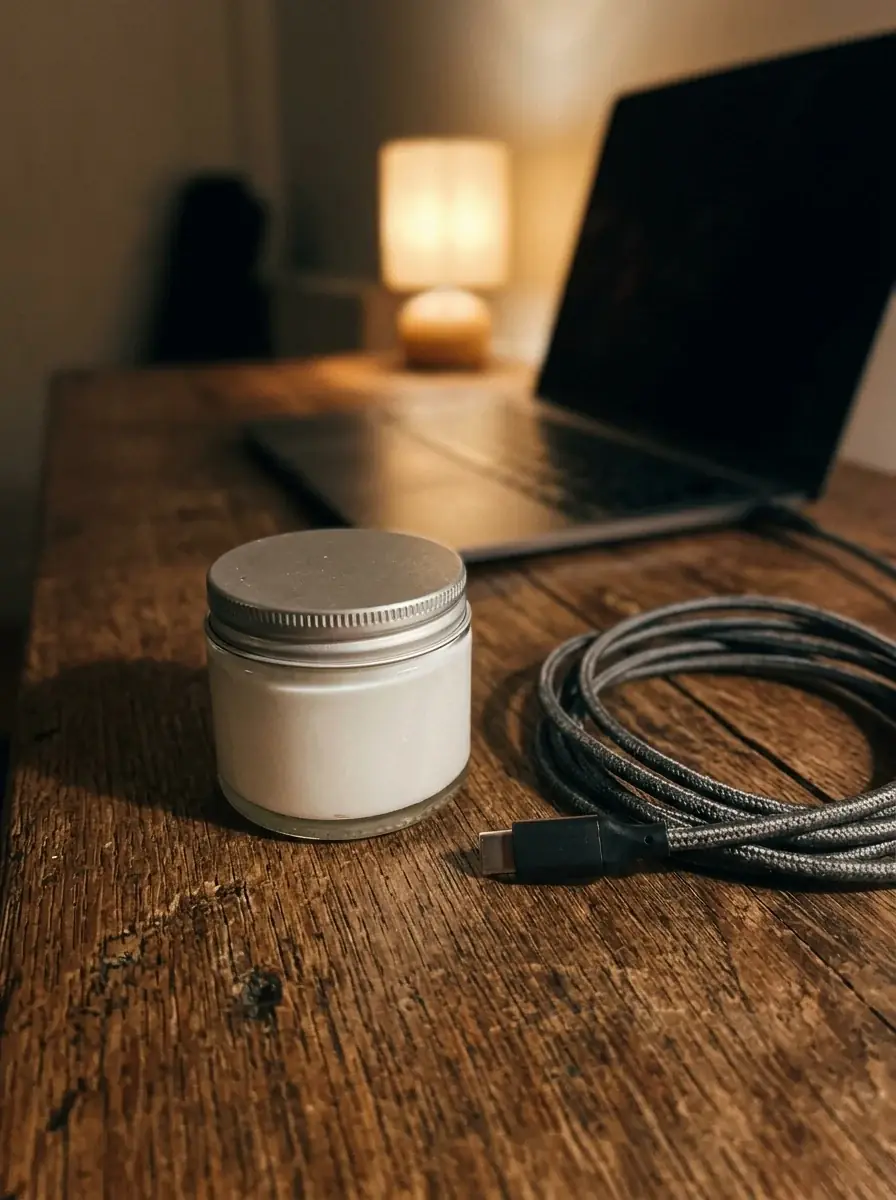 A generated phone photo of a closed white jar of face cream with a silver lid on a worn wooden desk, a charger cable beside it and a lamp glowing behind a laptop
