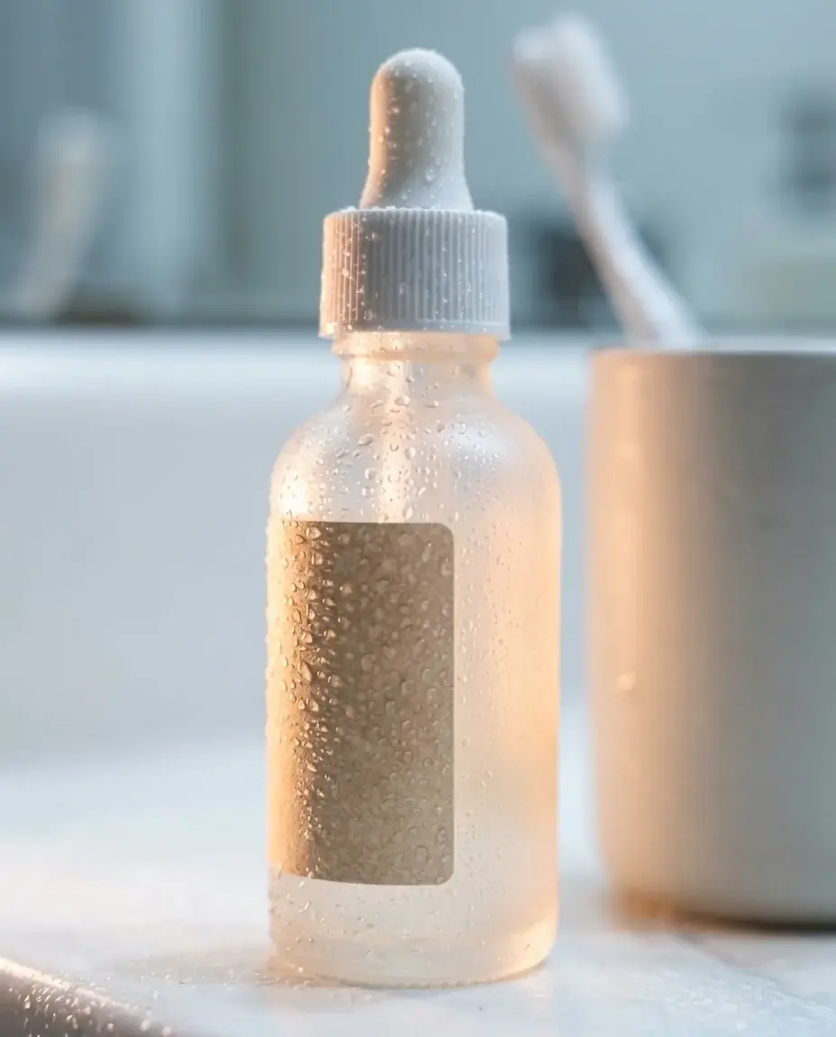 Nano Banana 2: the frosted serum bottle close up, beaded with water drops, the blank label sharp and the toothbrush cup soft behind