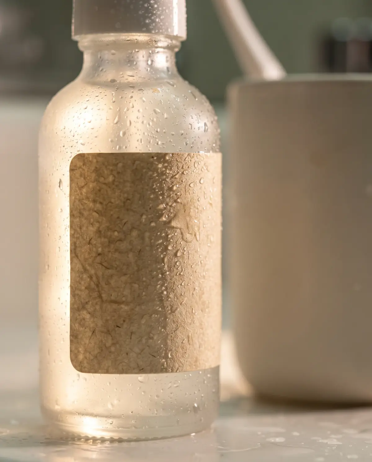 Nano Banana Pro: a tight crop of the bottle's shoulder and blank kraft label under heavy water drops, warm side light