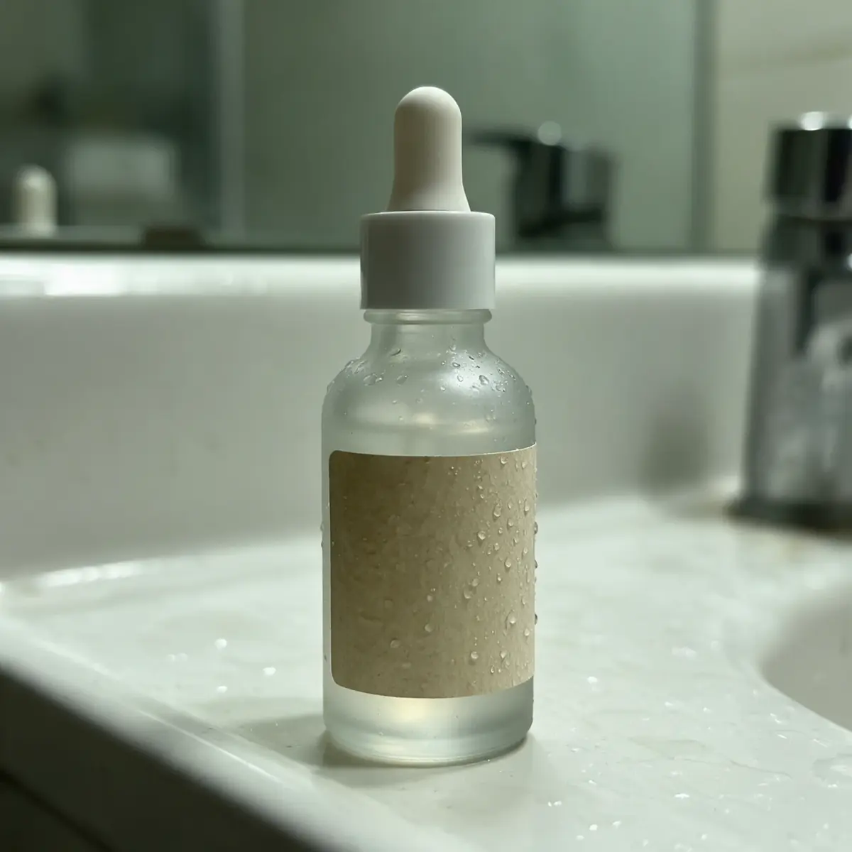 Seedream 5 Pro: the serum bottle on the bathroom sink edge with drops on the glass and label, the green-cast room soft behind