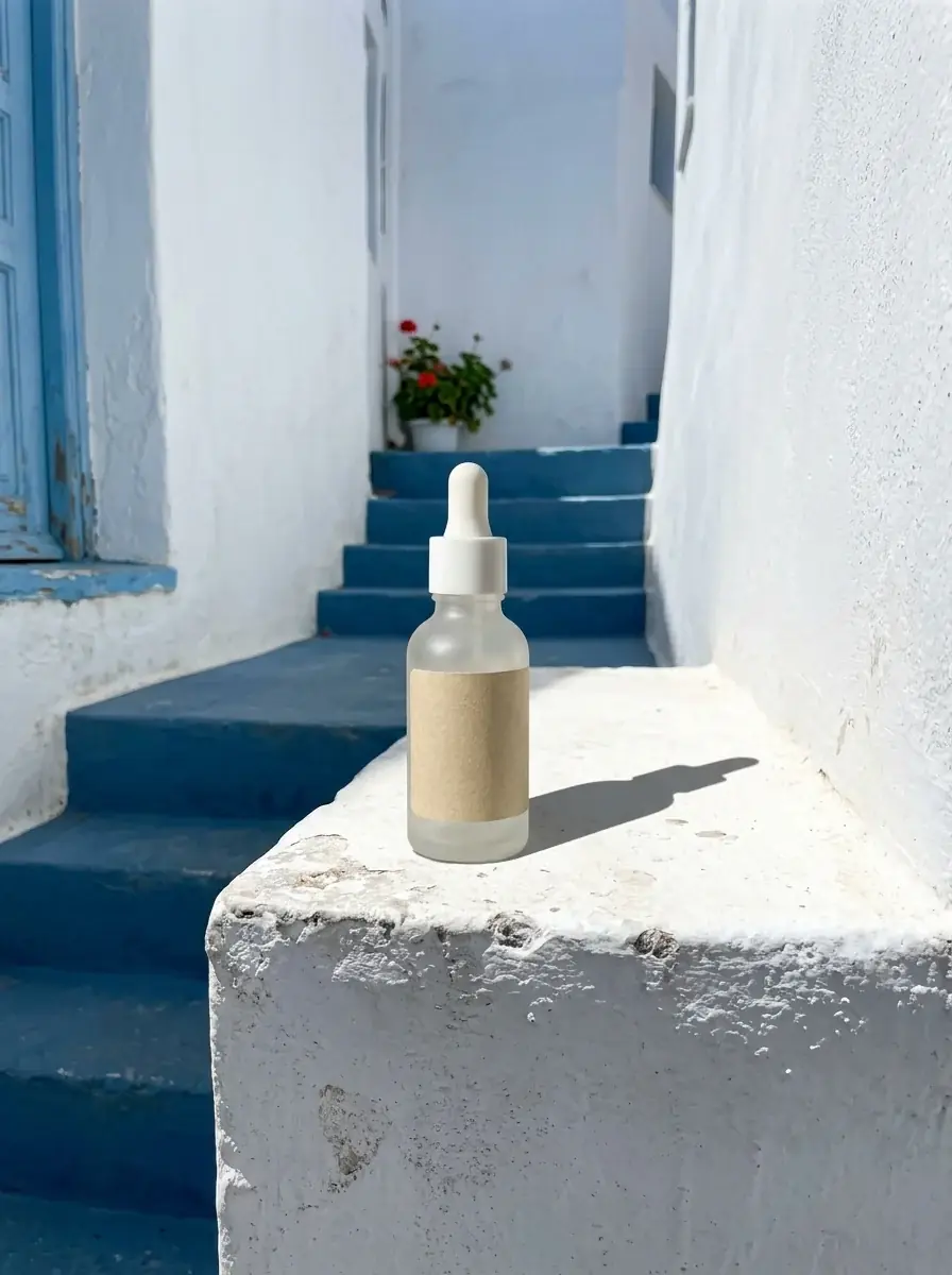 The same frosted serum bottle on a whitewashed ledge in a blue stairway alley, hard sun casting a long shadow to the right