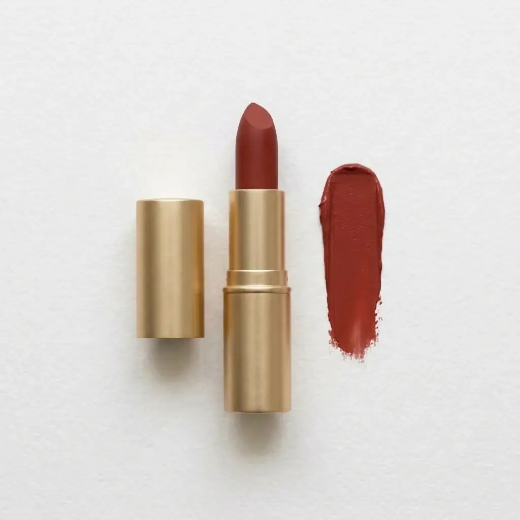 The same lipstick and swatch in deep brick red, the gold case, paper and shadows unchanged