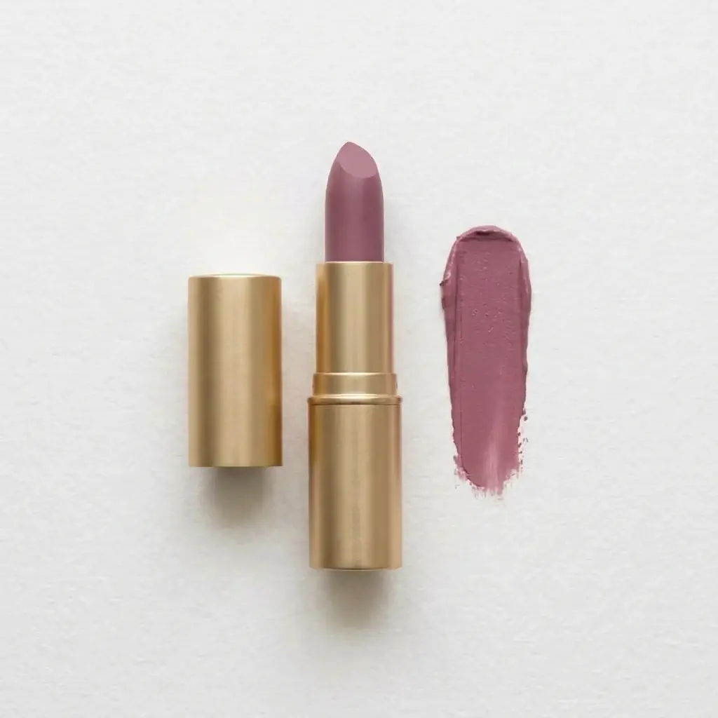 The same lipstick and swatch in cool mauve, the gold case, paper and shadows unchanged