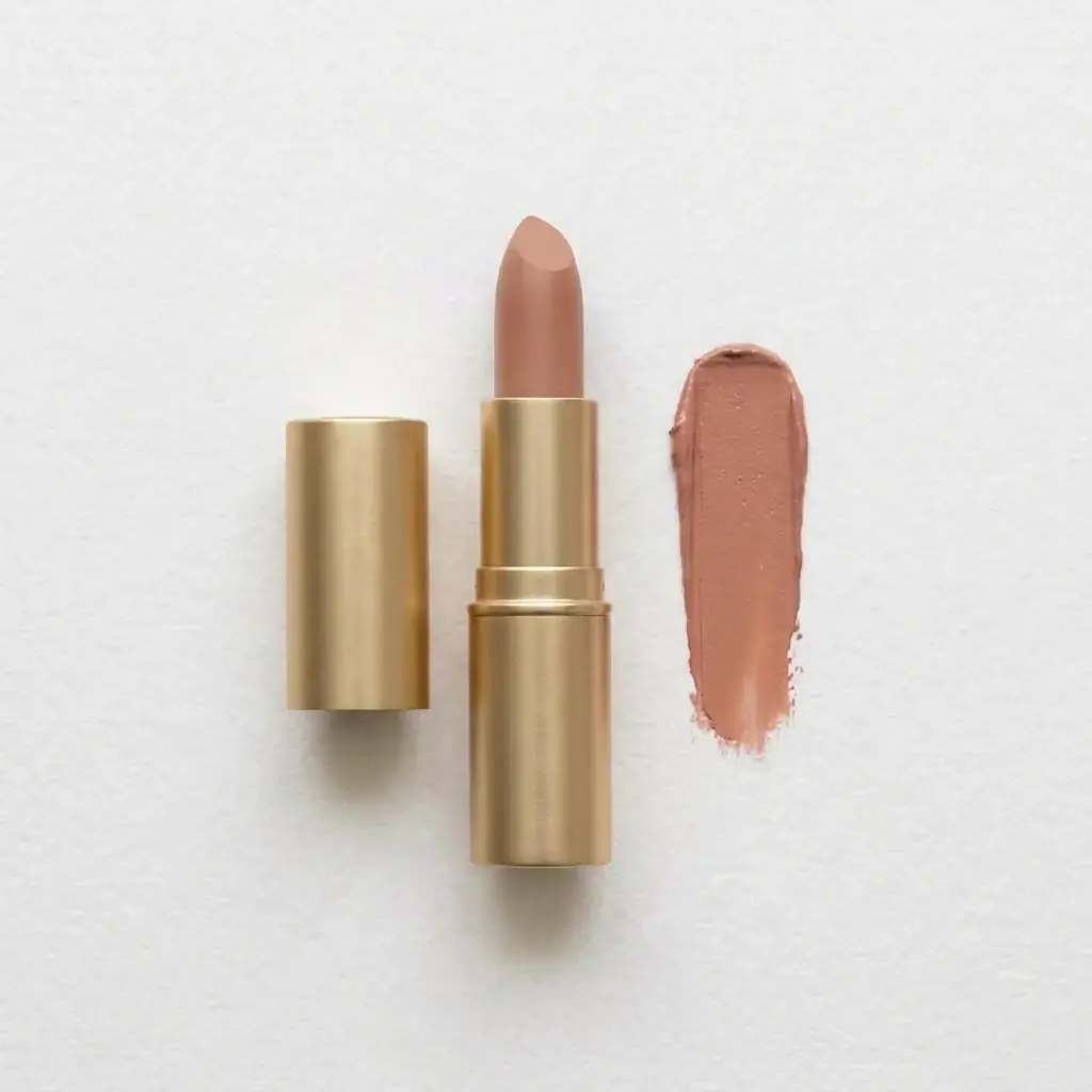 The same lipstick and swatch in warm nude, the gold case, paper and shadows unchanged
