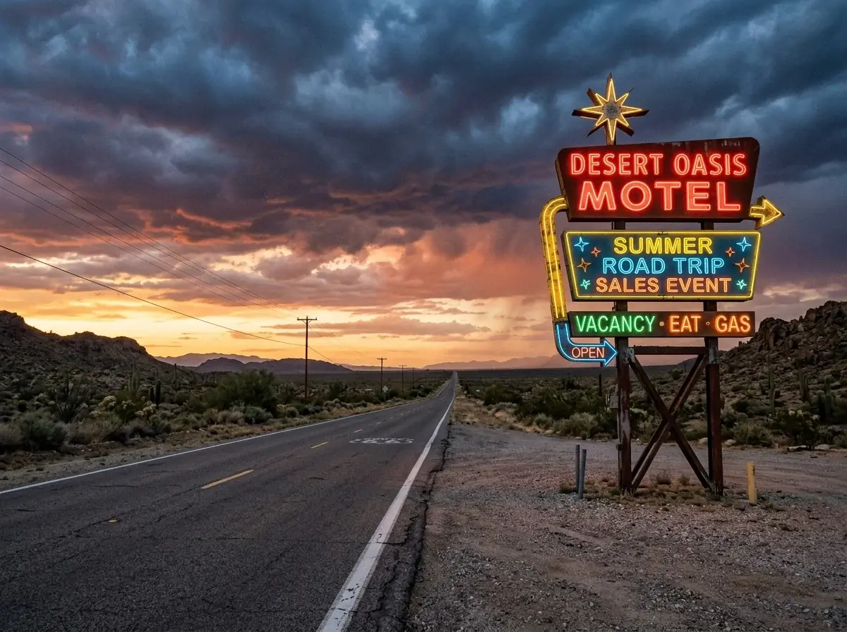 A neon Desert Oasis Motel sign advertising a summer road trip sales event beside an empty desert highway under storm clouds at sunset