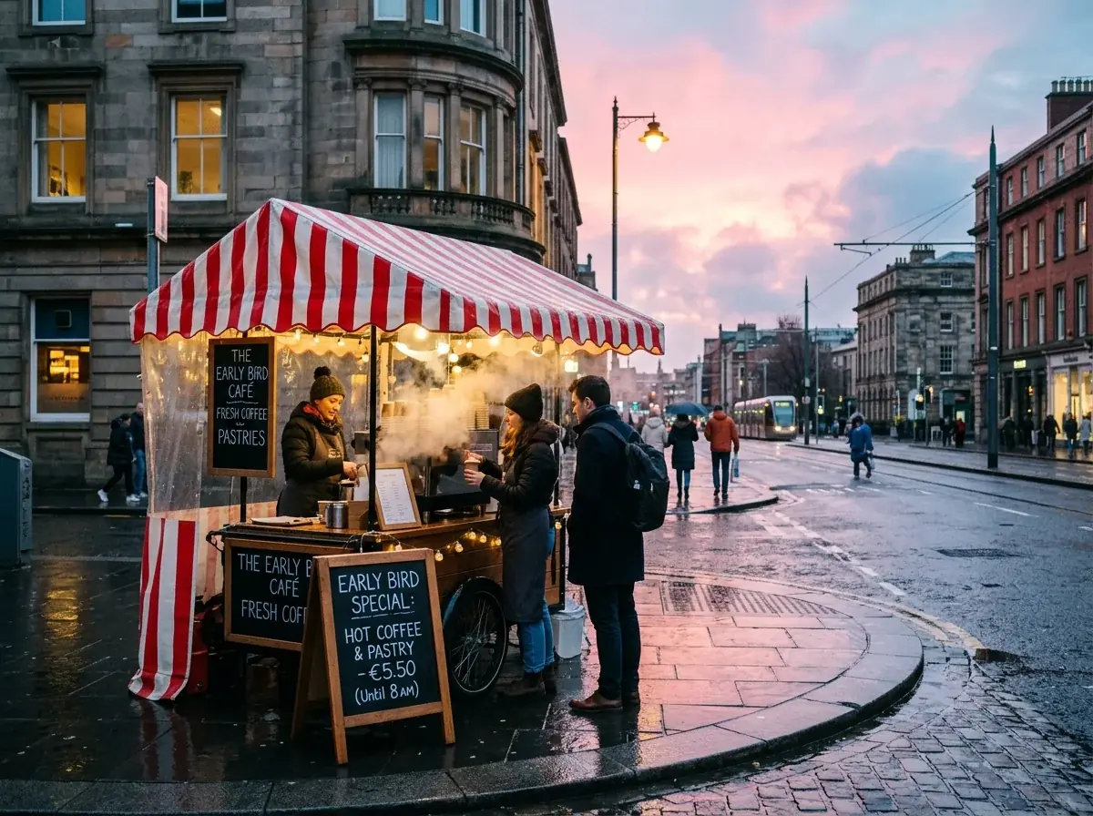 A coffee cart with a red and white striped awning steaming on a wet city street corner at dawn under a pink sky