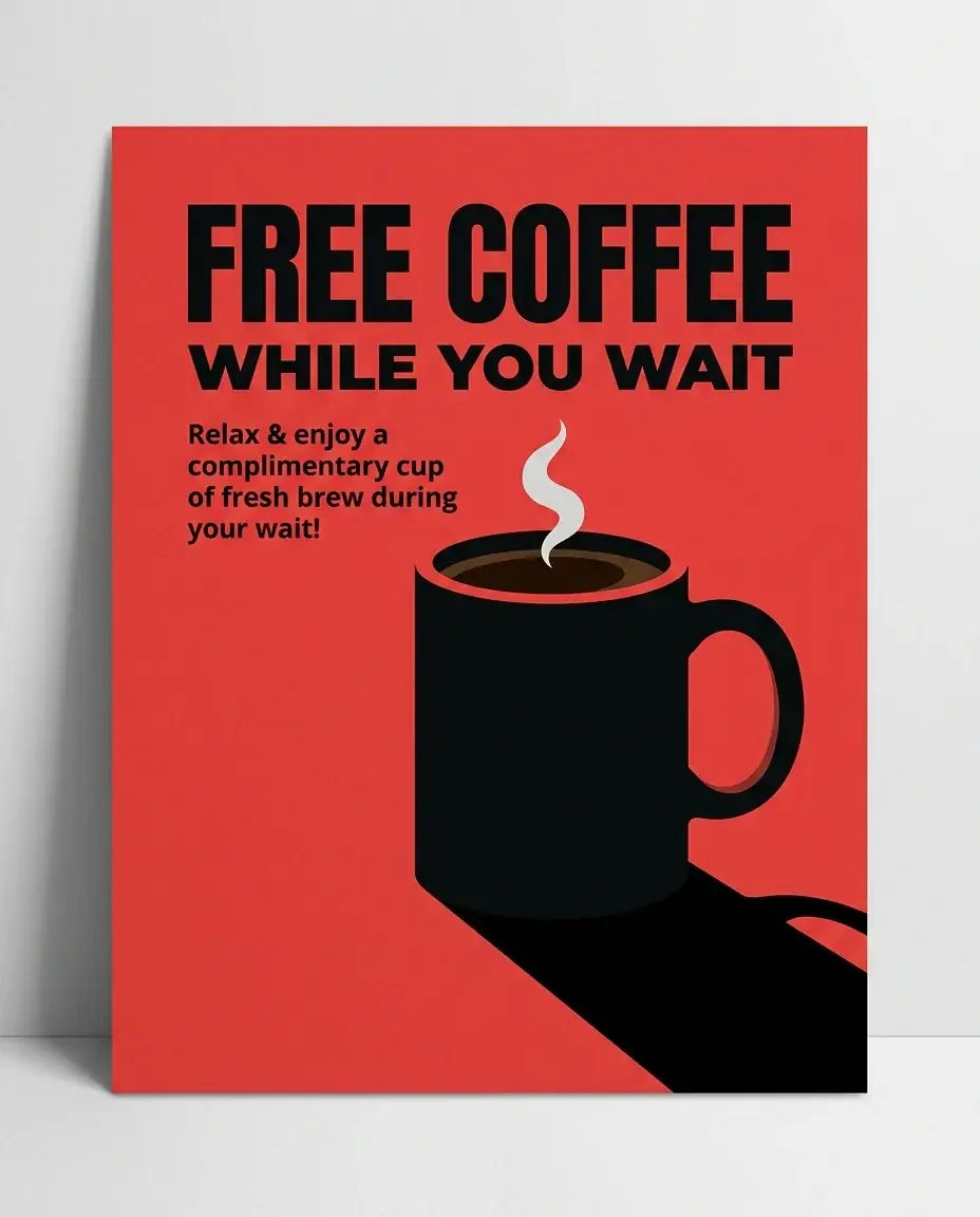 A red poster reading FREE COFFEE WHILE YOU WAIT with a bold black coffee mug and a long hard shadow, leaning on a white wall