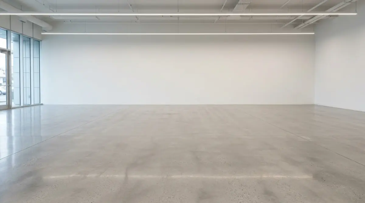 A generated photo of an empty showroom: light gray polished concrete floor, a plain white back wall, a long light strip overhead and glass doors on the left