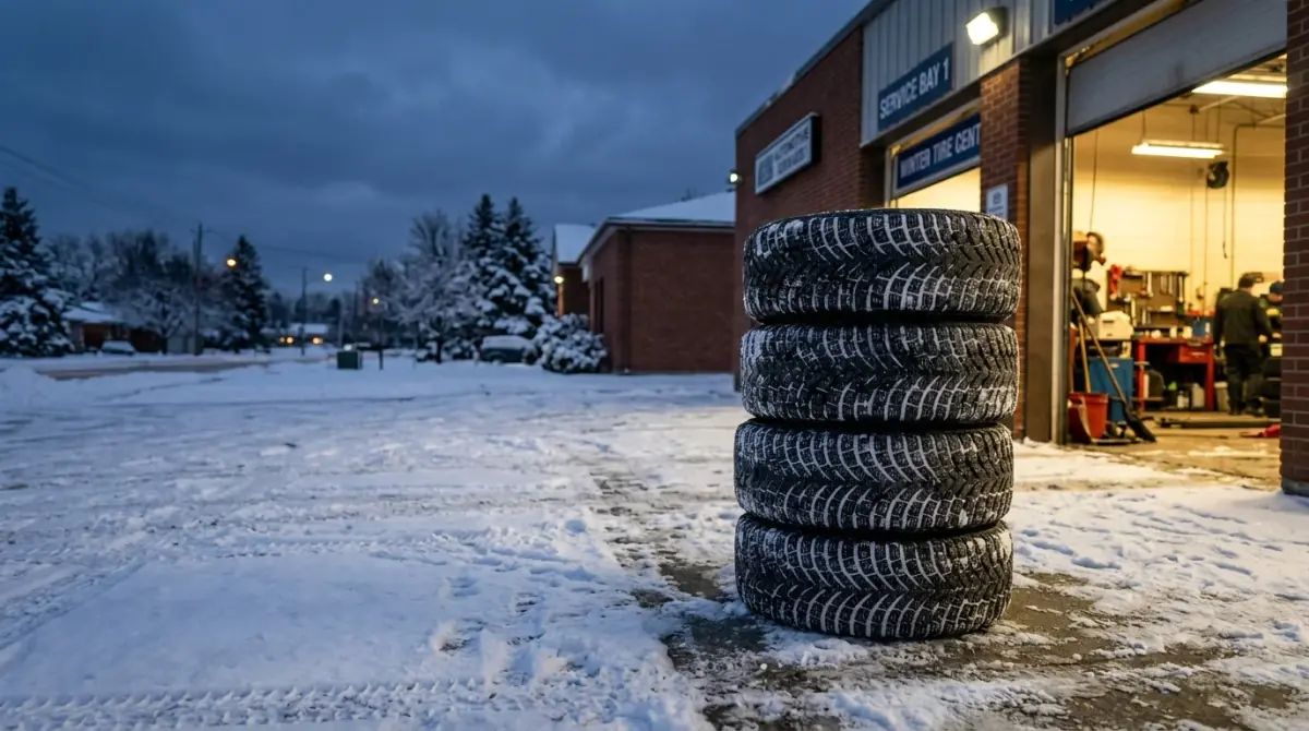 A generated photo of four winter tires stacked on a snowy service-bay apron at dusk, warm light and a mechanic inside the open bay door