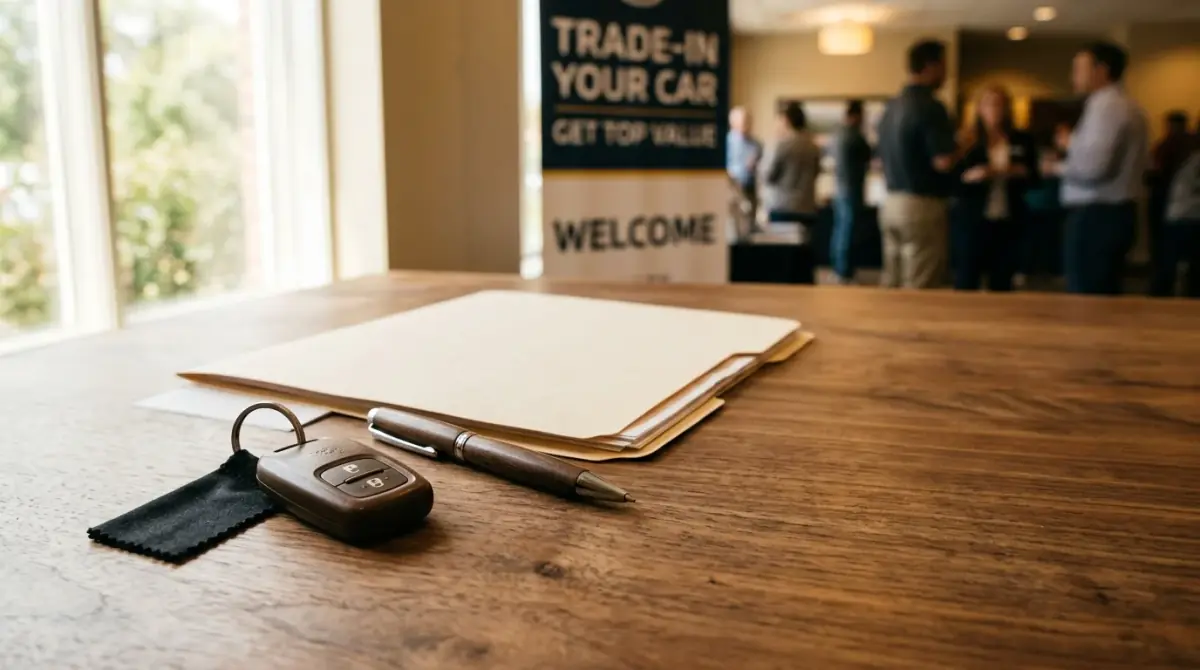 A generated photo of a brown car key fob with no logo beside a pen and a closed paper folder on a walnut desk, a trade-in banner and people blurred behind