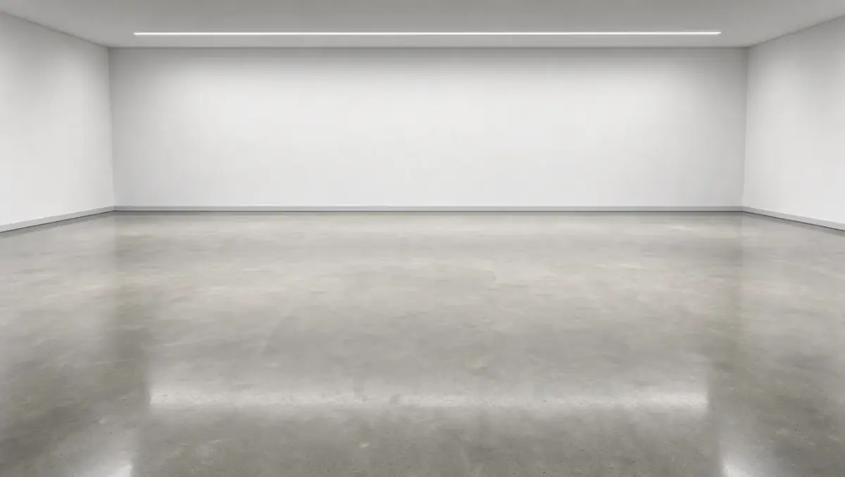 Flux 3 Image: an empty white room with one thin light strip and a glossy gray concrete floor