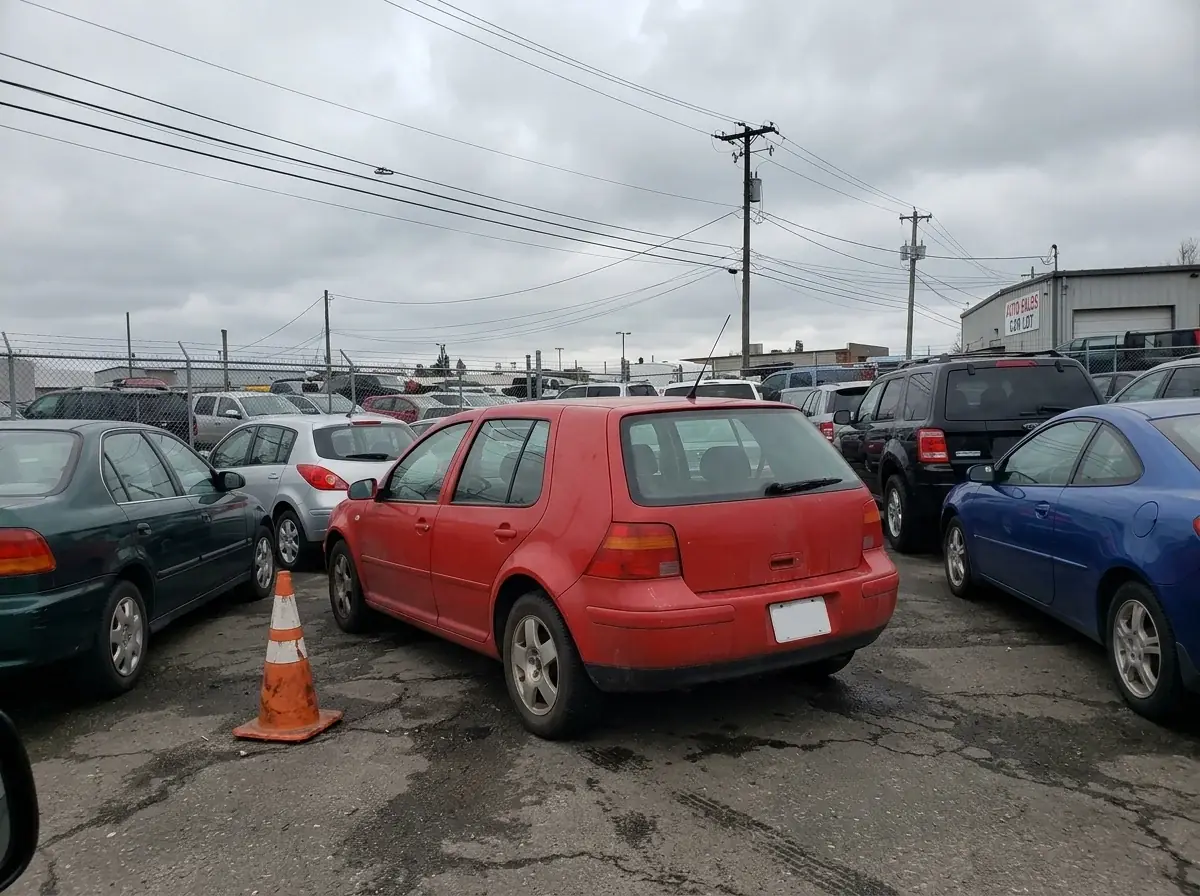 A generated phone photo of an unbadged red hatchback from behind, parked between other cars on a cracked lot, an orange cone beside it