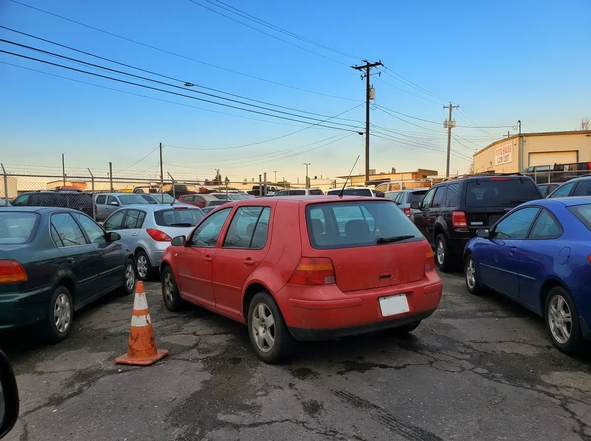 The same red hatchback lot photo after Ideogram Edit, under a clear blue late afternoon sky